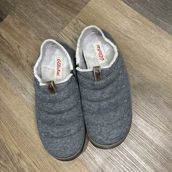 Olukai Mahana Slippers House Shoes Loafers Men's 8 Gray Quilted Terry Lined