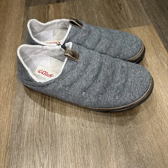 Olukai Mahana Slippers House Shoes Loafers Men's 8 Gray Quilted Terry Lined