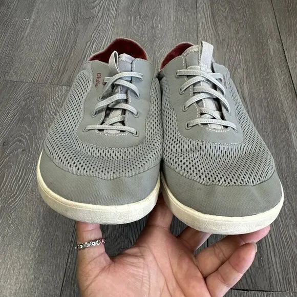 Olukai Moku Pae Men's Sz 10 M Gray Mesh Lace Up Low Top Breathable Boat Shoes
