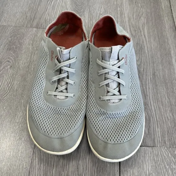 Olukai Moku Pae Men's Sz 10 M Gray Mesh Lace Up Low Top Breathable Boat Shoes
