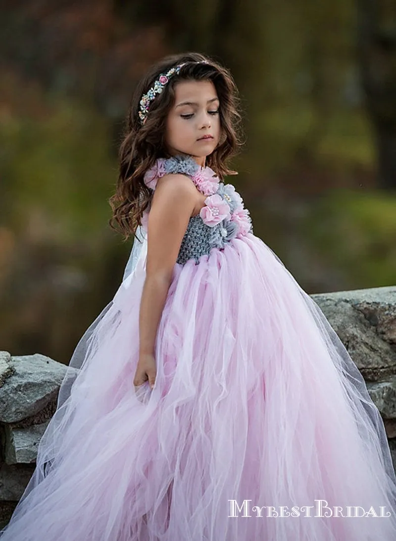 One Shoulder Charming Pink Tulle Hand-Made-Flowers A-line Long Cheap Flower Girl Dresses, FGS0025