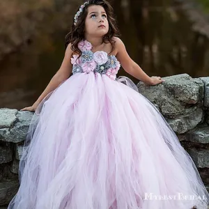 One Shoulder Charming Pink Tulle Hand-Made-Flowers A-line Long Cheap Flower Girl Dresses, FGS0025