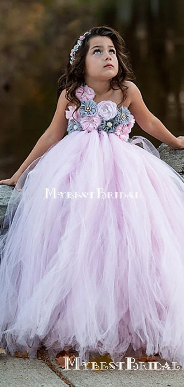 One Shoulder Charming Pink Tulle Hand-Made-Flowers A-line Long Cheap Flower Girl Dresses, FGS0025