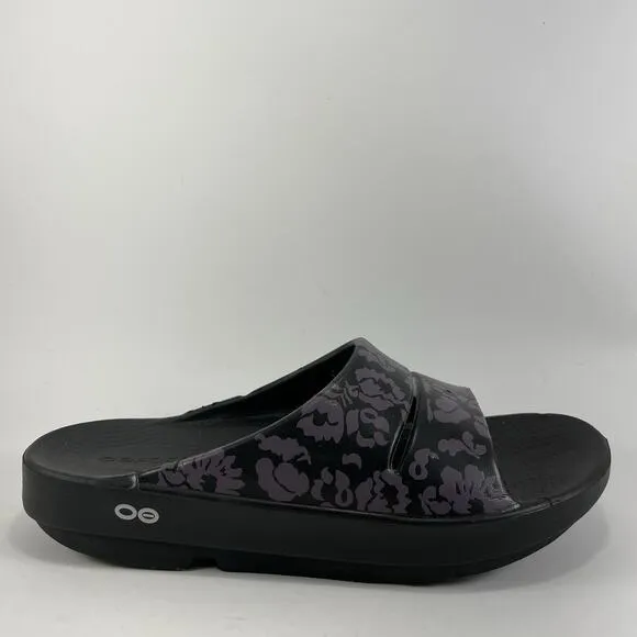 Oofos Ooahh Slide Sandals Womens Size 9 Black Comfort Recovery Shoes Floral