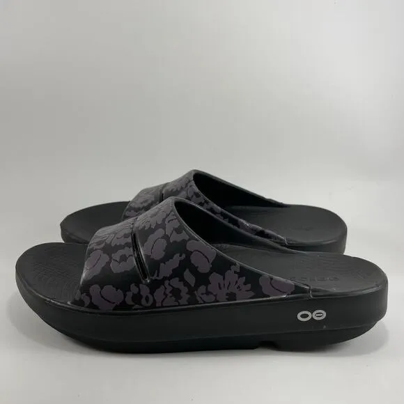 Oofos Ooahh Slide Sandals Womens Size 9 Black Comfort Recovery Shoes Floral
