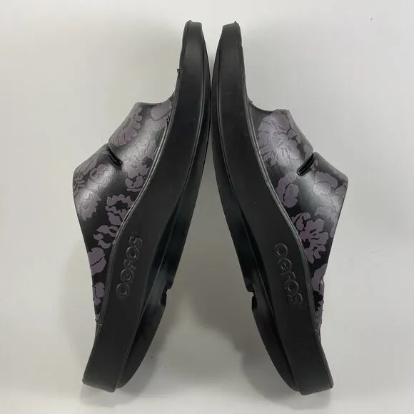 Oofos Ooahh Slide Sandals Womens Size 9 Black Comfort Recovery Shoes Floral