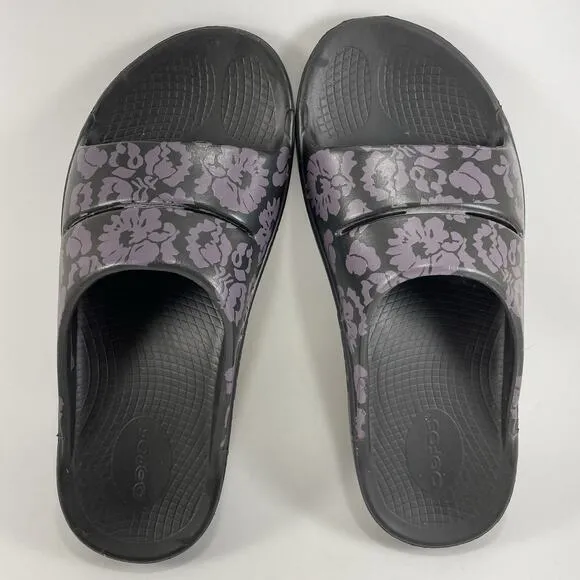 Oofos Ooahh Slide Sandals Womens Size 9 Black Comfort Recovery Shoes Floral
