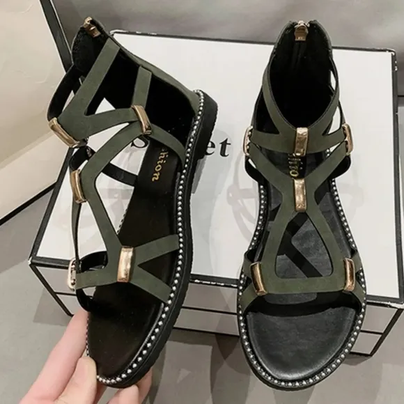 Open Toe Back Zipper Flat Sandals