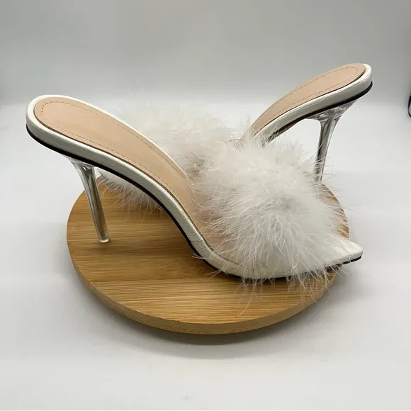Open Toe Fluffy Feather Stiletto Heels Slippers Dress Sandal Party Heels