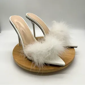 Open Toe Fluffy Feather Stiletto Heels Slippers Dress Sandal Party Heels