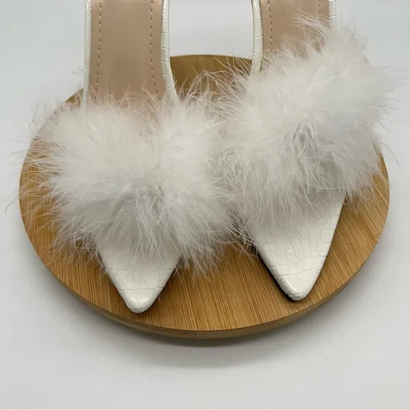 Open Toe Fluffy Feather Stiletto Heels Slippers Dress Sandal Party Heels