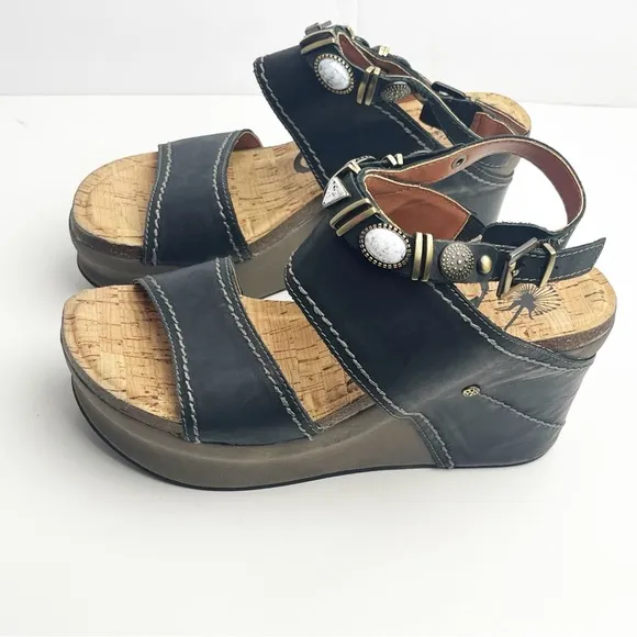 OTBT Layover Leather Upper Adjustable Beaded Ankle Straps Platform Wedge Sandals