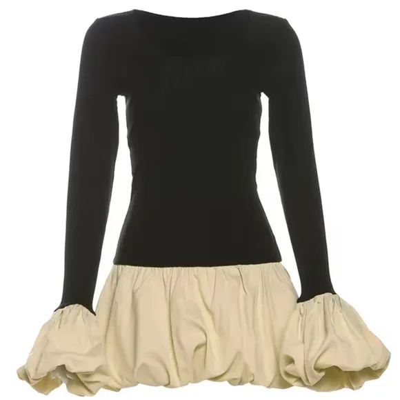 Patchwork Bubble Dress Women Chic Classic