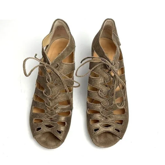 Paul Green Prague Leather Metallic Lace Up Heeled Sandals Booties Sz 8
