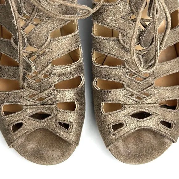 Paul Green Prague Leather Metallic Lace Up Heeled Sandals Booties Sz 8