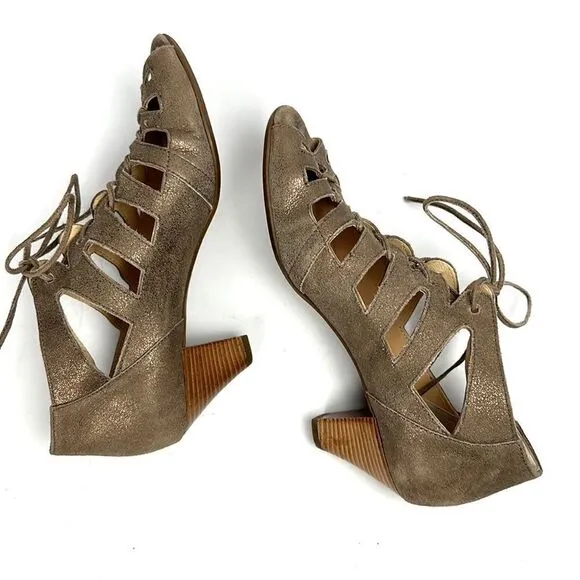 Paul Green Prague Leather Metallic Lace Up Heeled Sandals Booties Sz 8