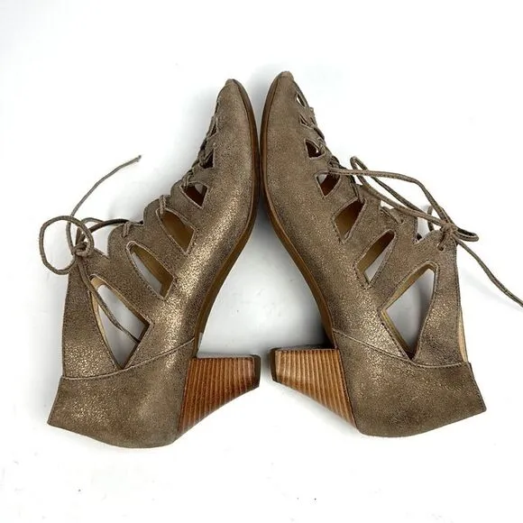 Paul Green Prague Leather Metallic Lace Up Heeled Sandals Booties Sz 8