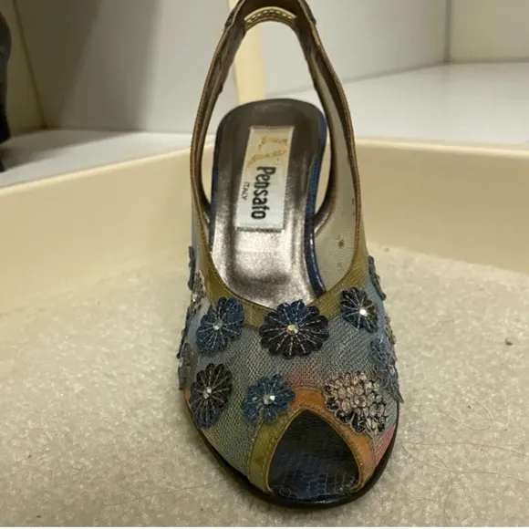 PENSATO Elegant Blue Mesh Floral Wedges with Transparent Heel
