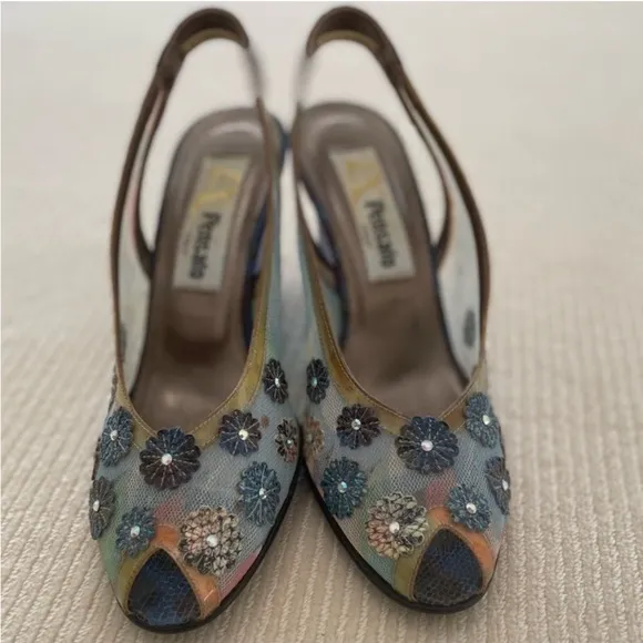 PENSATO Elegant Blue Mesh Floral Wedges with Transparent Heel