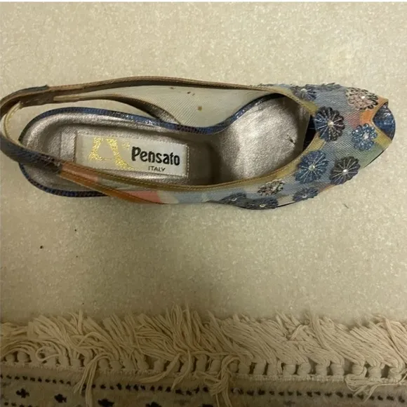 PENSATO Elegant Blue Mesh Floral Wedges with Transparent Heel