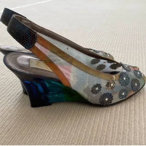 PENSATO Elegant Blue Mesh Floral Wedges with Transparent Heel