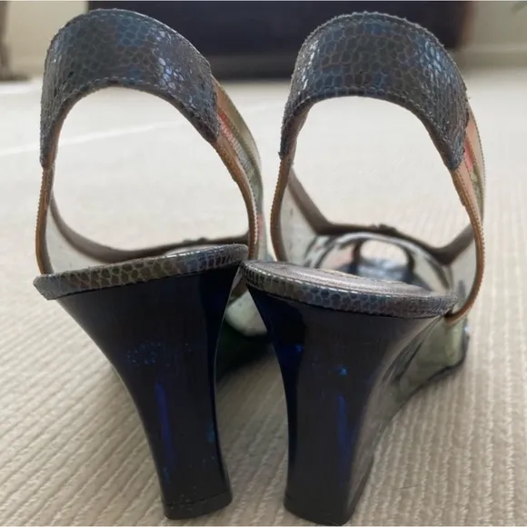 PENSATO Elegant Blue Mesh Floral Wedges with Transparent Heel