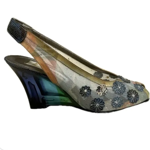 PENSATO Elegant Blue Mesh Floral Wedges with Transparent Heel