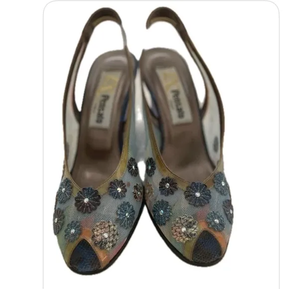 PENSATO Elegant Blue Mesh Floral Wedges with Transparent Heel