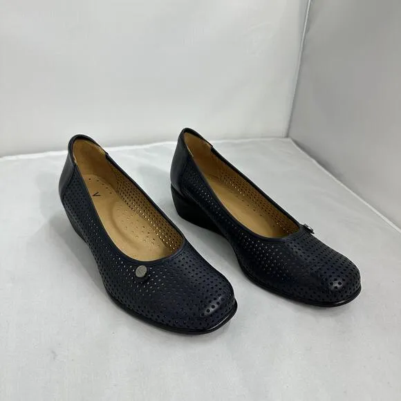 Perforated Navy Leather Wedge Shoes (9)