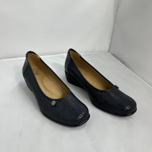 Perforated Navy Leather Wedge Shoes (9)