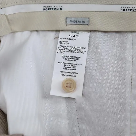Perry Ellis Men's Beige Linen/Cotton Classic Modern Fit Dress Pants Size 40x30