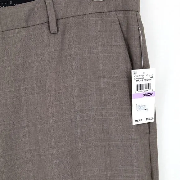 Perry Ellis Men's Brown Stretch Modern-Fit Classic Dress Pants Size 38x32
