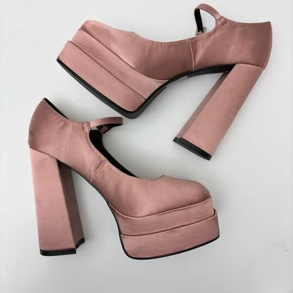 Pink Satin Block Heel Mary Jane Chunky Platform Pump Coquette BalletCore Size 11
