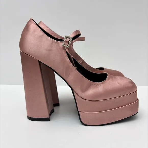 Pink Satin Block Heel Mary Jane Chunky Platform Pump Coquette BalletCore Size 11