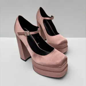 Pink Satin Block Heel Mary Jane Chunky Platform Pump Coquette BalletCore Size 11