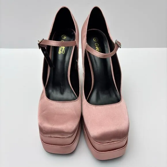 Pink Satin Block Heel Mary Jane Chunky Platform Pump Coquette BalletCore Size 11