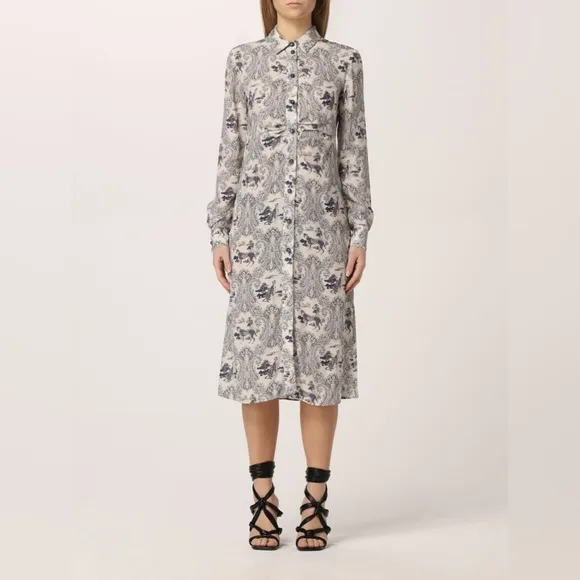 PINKO White Blue Panther Print Midi Dress