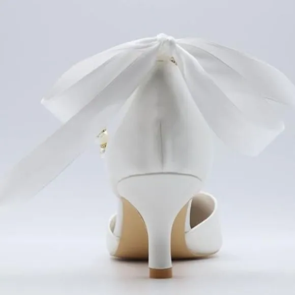 Pointed toe pearl satin wedding shoes