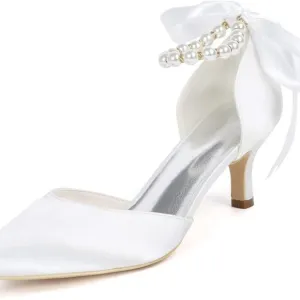 Pointed toe pearl satin wedding shoes
