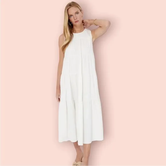 POMANDER PLACE Tuckernuck White Sleeveless Carmen Maxi Dress w Pockets L | NWT