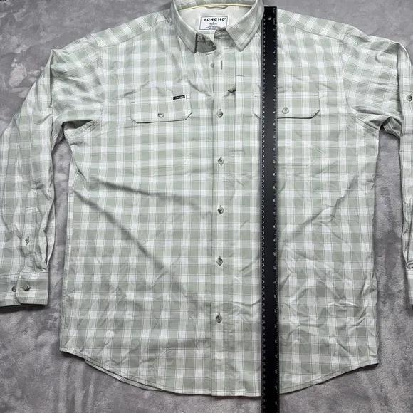 PONCHO Large Regular Fit Magnetic Pockets White &amp; Green Plaid Flannel Shirt
