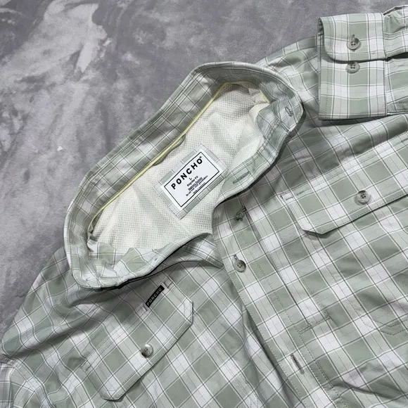 PONCHO Large Regular Fit Magnetic Pockets White &amp; Green Plaid Flannel Shirt
