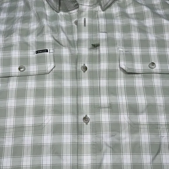 PONCHO Large Regular Fit Magnetic Pockets White &amp; Green Plaid Flannel Shirt