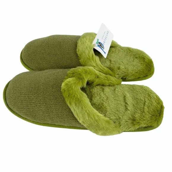 Portolano Olive Wool Blend &amp; Faux Fur Womens Travel Slippers Size Large 9 New