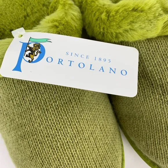 Portolano Olive Wool Blend &amp; Faux Fur Womens Travel Slippers Size Large 9 New