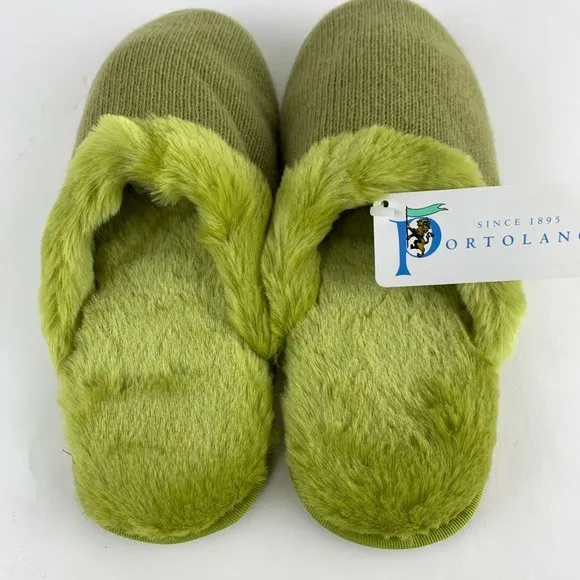 Portolano Olive Wool Blend &amp; Faux Fur Womens Travel Slippers Size Large 9 New