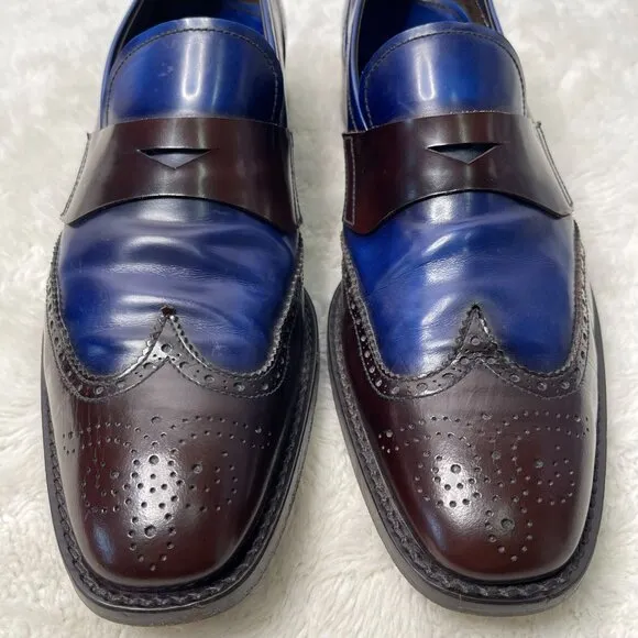 Prada Men's Blue Brown Oxford Perforated Leather Dress Shoes Size 9.5