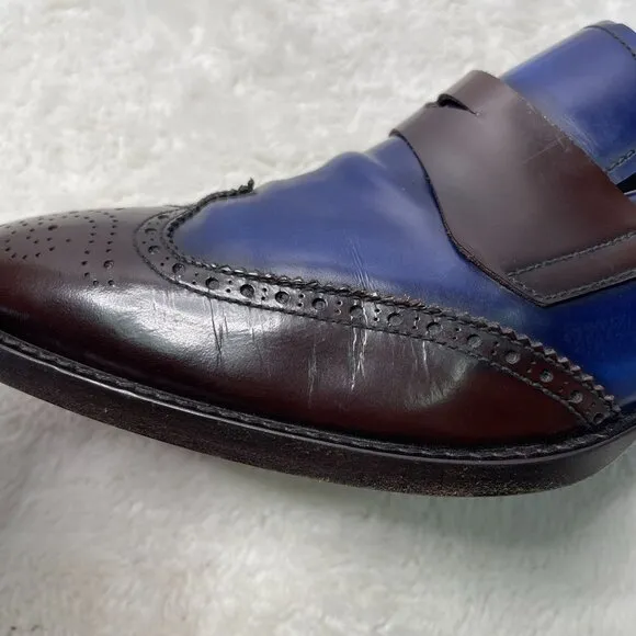 Prada Men's Blue Brown Oxford Perforated Leather Dress Shoes Size 9.5