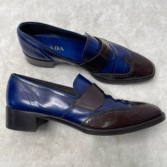 Prada Men's Blue Brown Oxford Perforated Leather Dress Shoes Size 9.5