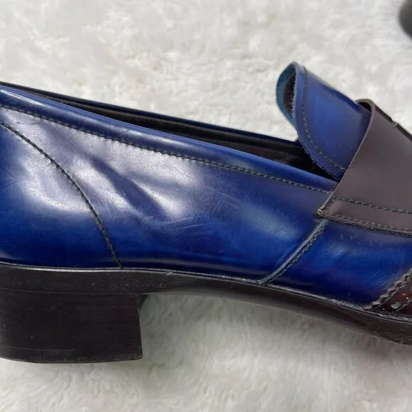 Prada Men's Blue Brown Oxford Perforated Leather Dress Shoes Size 9.5